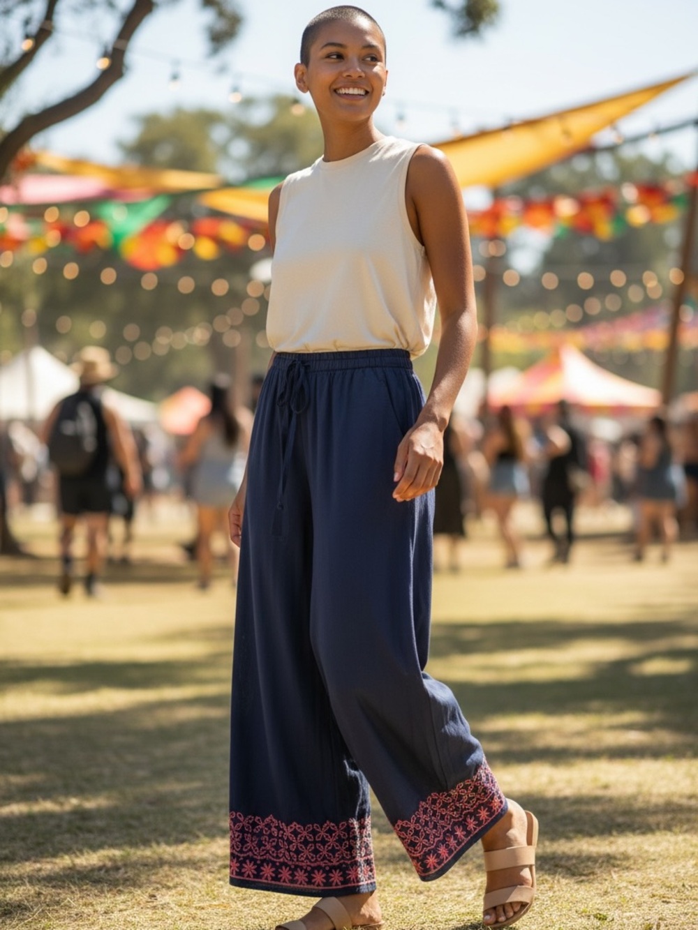 🇺🇸Navy Blue Wide-Leg Pants with Red Embroidery, Zip Closure & Tie Waist. Pockets